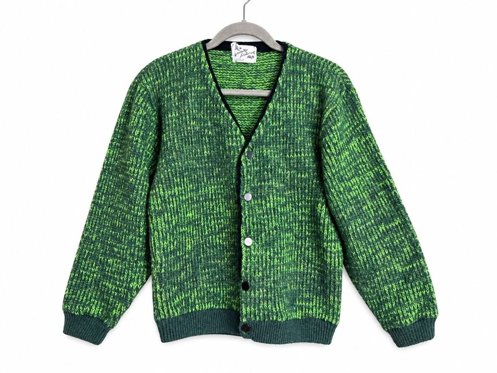 Vintage Spartan Knitwear Cardigan Sweater L Green Wool Blend Grandpa 70s 80s